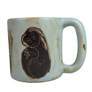 Design By Mara Mother Baby Mug Blue Brown Mom Newborn Pottery Stoneware Signed